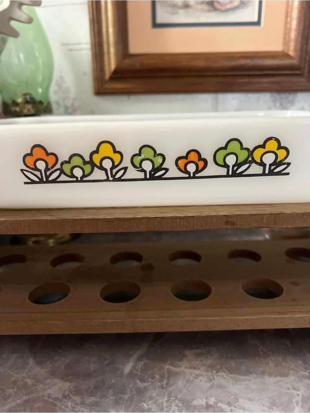 Vintage Anchor HockingFloral Glass Bake Dish - White with Orange & Green Flowers